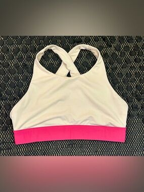 Fabletics Cross-Back Sports Bra - White with Hot Pink Band